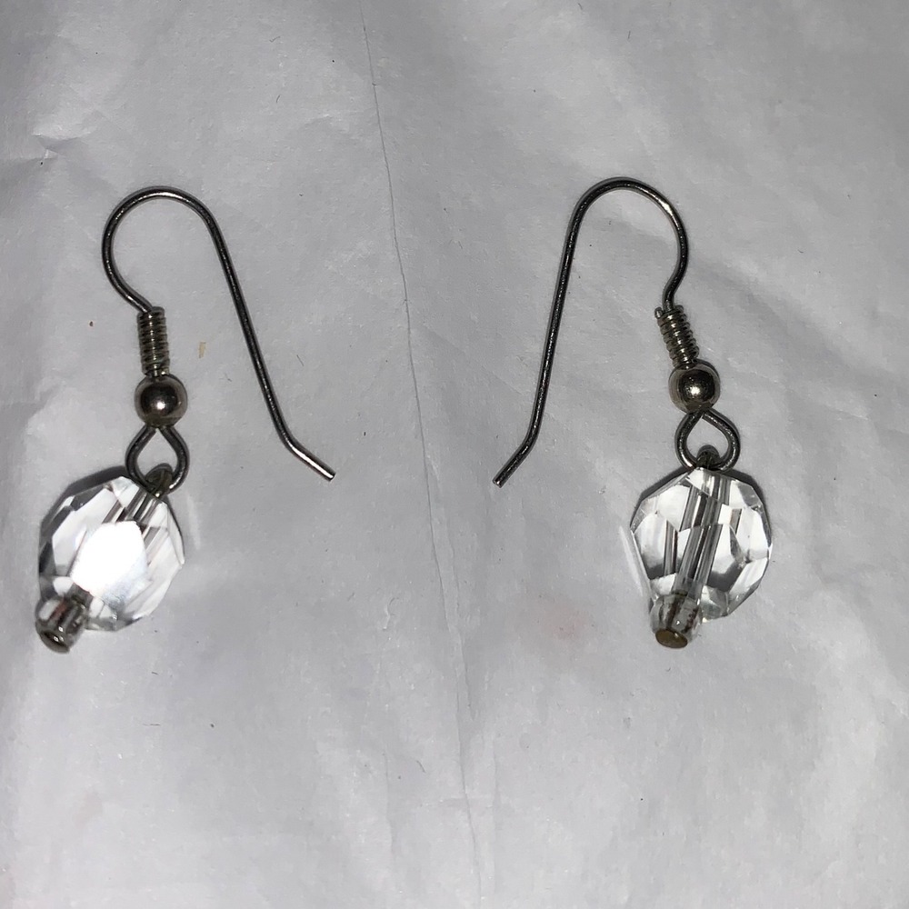 Clear Faceted Crystal Drop Earrings Silver Tone Fish Hook Dangle Minimalist